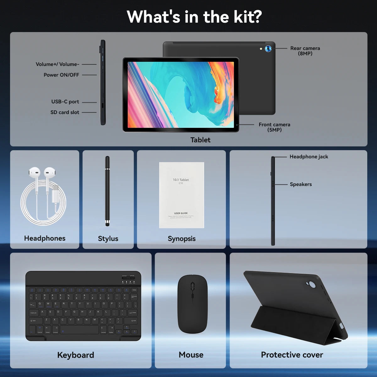 URAO 10 Inch Android 15 Tablet 8 Core Tablets 24GB+128GB 1TB Expansion WiFi6 5MP+8MP Stylus Keyboard Mouse Headphone PC PAD Set