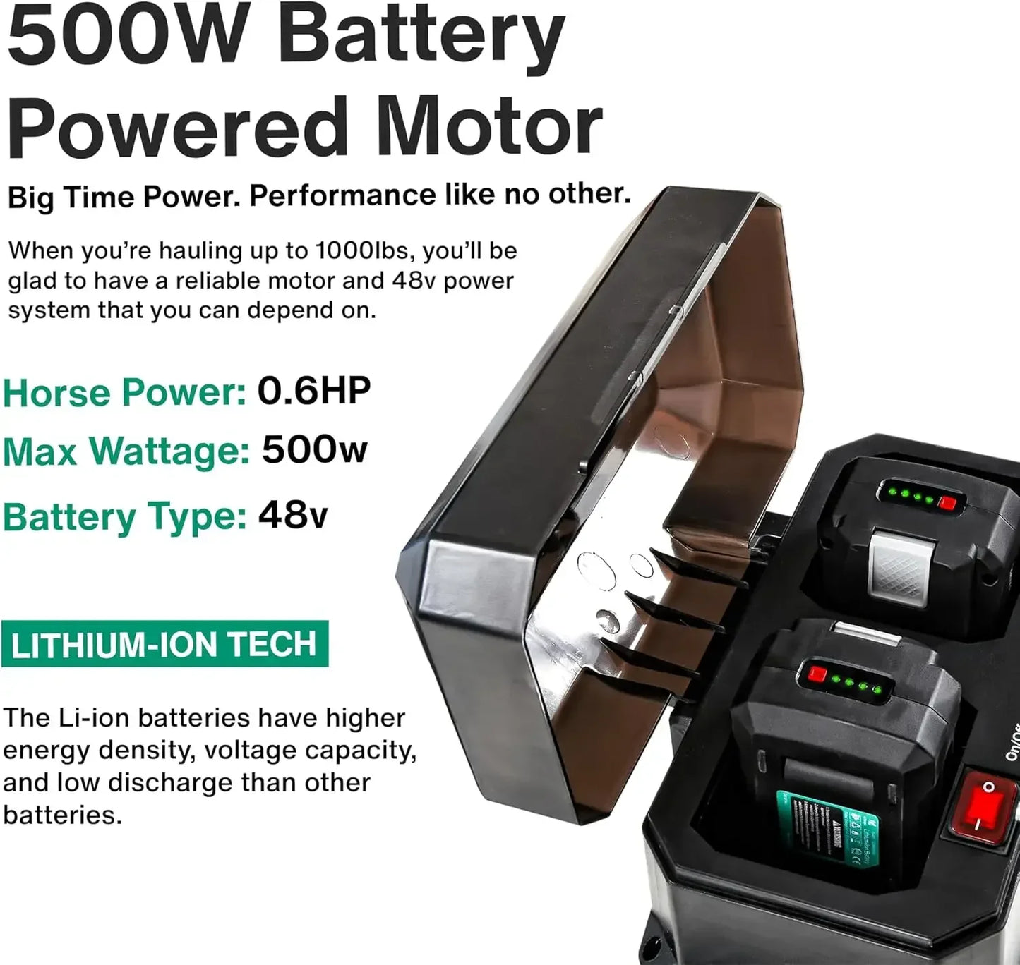 Utility Service Cart Wheelbarrow Power Wagon, Super Duty Electric 48V DC Li-Ion Battery Powered, 500 lbs Load & 1000+ lbs