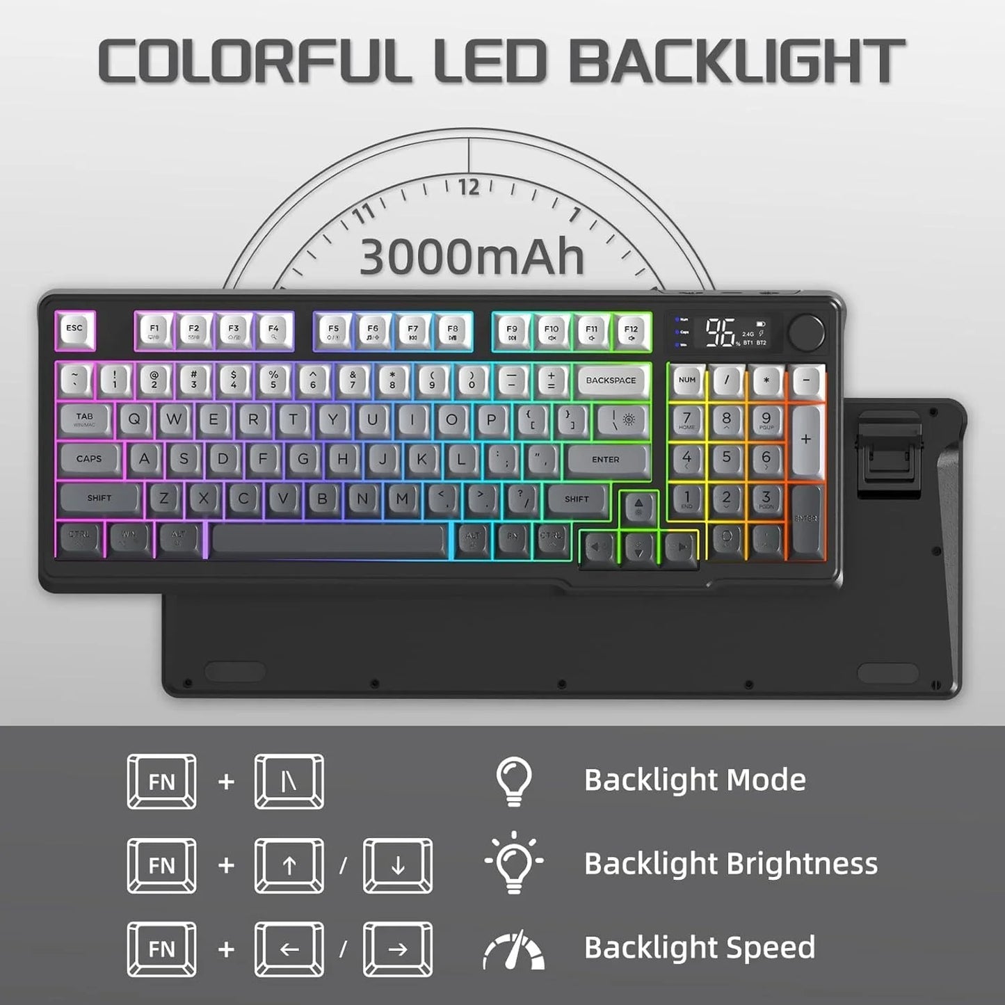 M96 Wireless Gaming Keyboard Creamy Membrane with Rainbow Backlight,Media Knob,LCD Screen,Dual Mode-Bluetooth/2.4Ghz,Ball Shape
