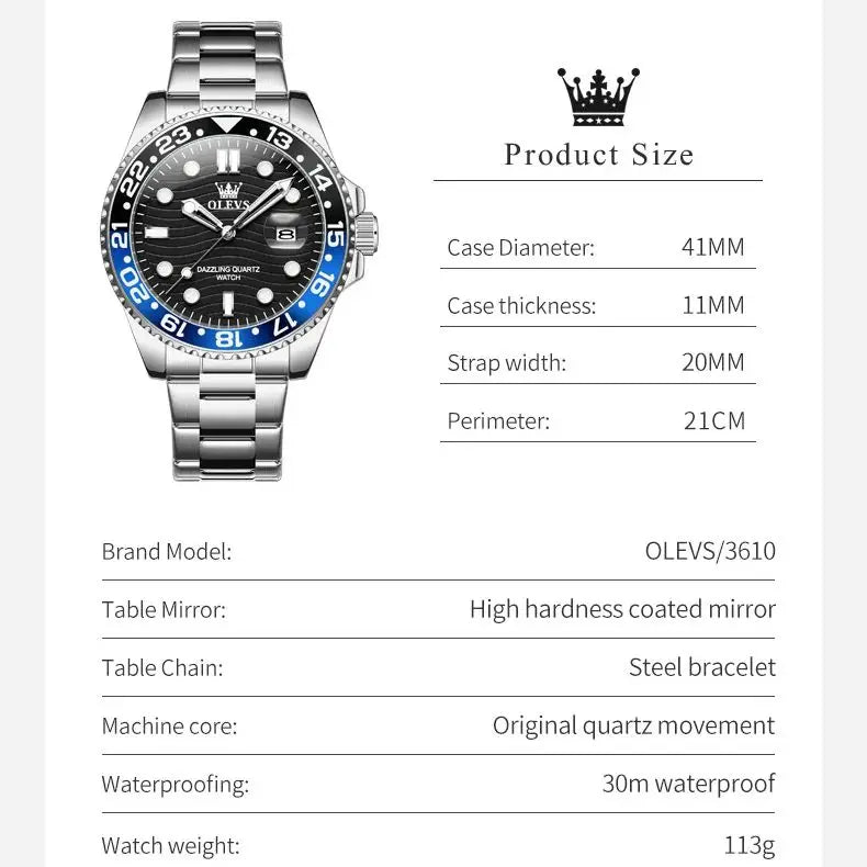 OLEVS 3610 Men Watch Fashion Original Diving Series Waterproof Date Rotating Dial Stainless Steel Luxury Brand Men Quartz Watch