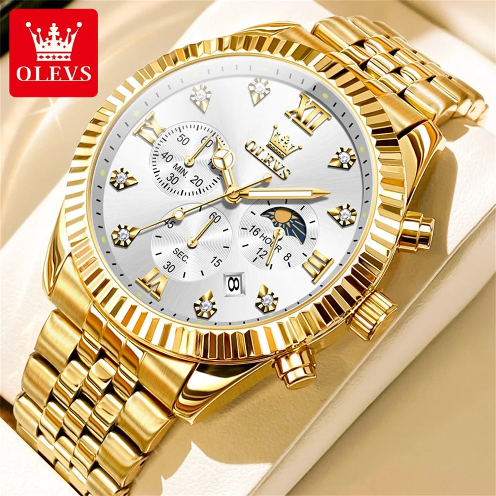 OLEVS Lunar Phase Chronograph Waterproof Mens Wristwatch Stainless Steel