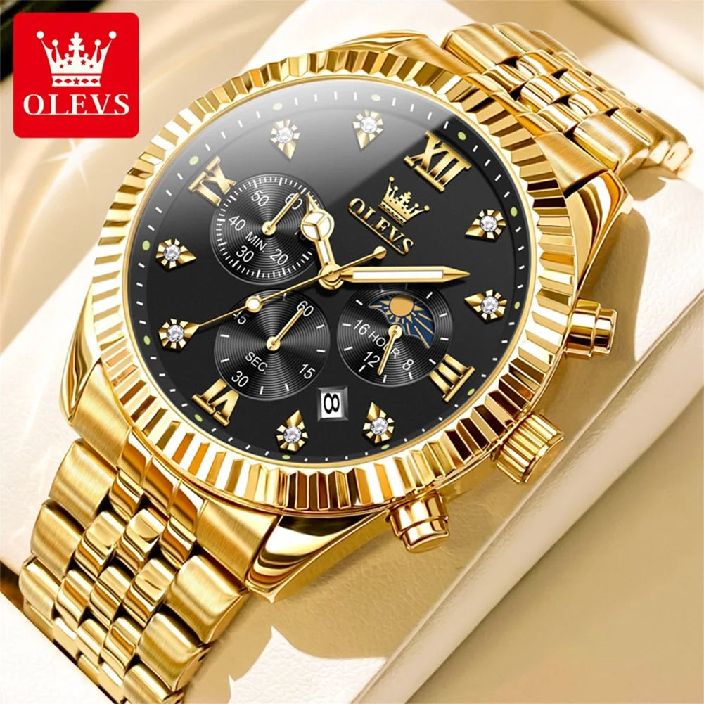OLEVS Lunar Phase Chronograph Waterproof Mens Wristwatch Stainless Steel