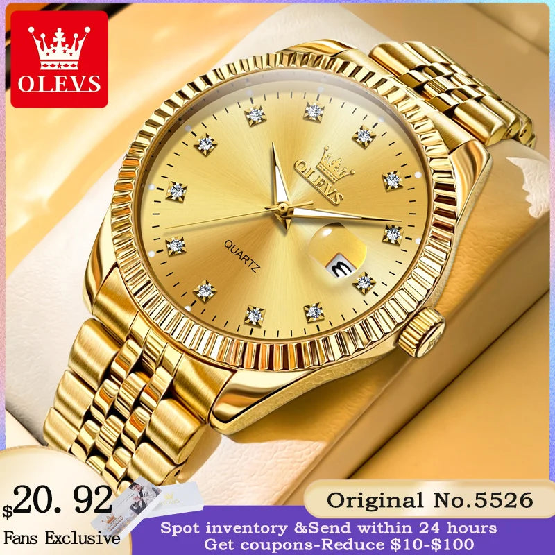 OLEVS 5526 Men's Quartz Watch Original Stainless Steel Waterproof Luminous Men's Watch Fashion Luxury 42mm Men Large Dial Watch