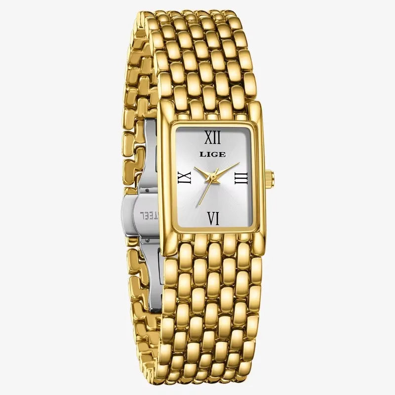 LIGE Luxury Golden Womens Wristwatch Square Quartz Steel Watch for Woman Elegant Bracelet Waterproof Fashion Ladies Watches+Box