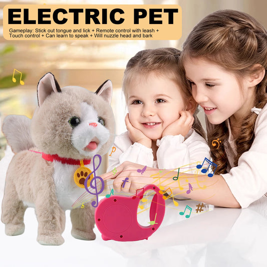 Leash Electric Walking Dog Toy Lifelike Interactive Plush Animal Toy- Licking Motion,Voice Mimicking,Remote Control for Age 4 Up