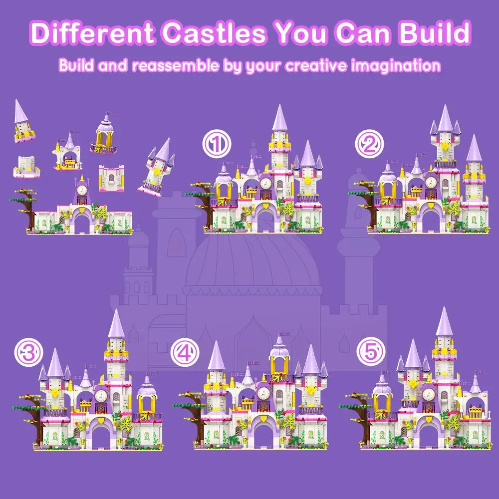 HOGOKIDS Girls Princess Castle Building Toys-5 in 1 Purple Castle & Carriage Playset  Blocks Set Kids STEM Kit Brithday for kid