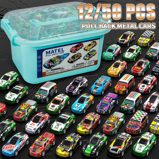 12/50pcs Pack Pull Back Kids Cars Toys With Storage Box Mini Vehicles Toy Bulk Race Cars Toys For 3-6 Years Boys Birthday Gifts