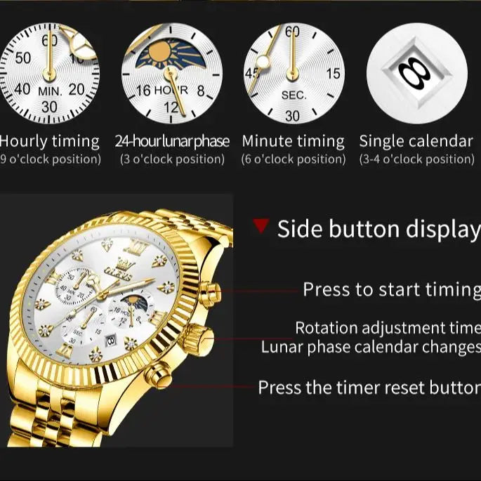 OLEVS Lunar Phase Chronograph Men Watch Stainless Steel Waterproof Quartz