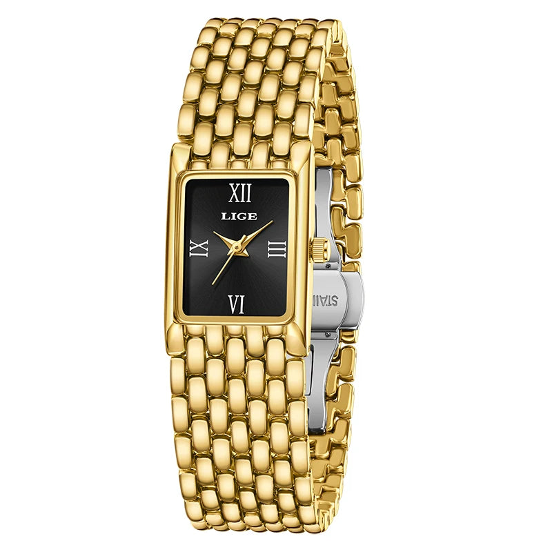 LIGE Luxury Golden Womens Wristwatch Square Quartz Steel Watch for Woman Elegant Bracelet Waterproof Fashion Ladies Watches+Box