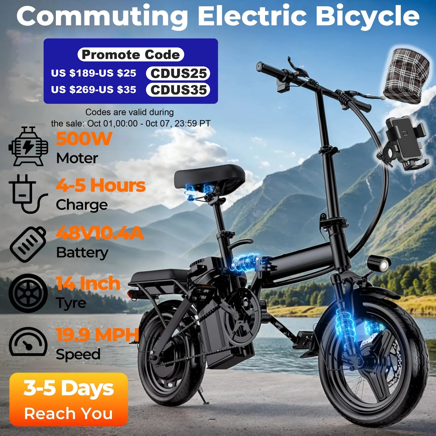 LELEKUAI 500W Folding Electric Bike With Removable Battery