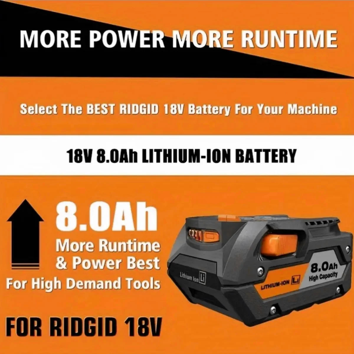 Upgraded R840087 18V 8.0Ah Lithium Battery Replacement For RIDGID 18V R840083, R840085, AC840085, Series Cordless Power T