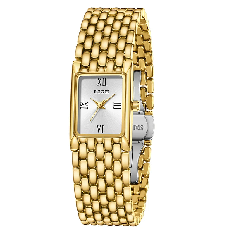 LIGE Luxury Golden Womens Wristwatch Square Quartz Steel Watch for Woman Elegant Bracelet Waterproof Fashion Ladies Watches+Box