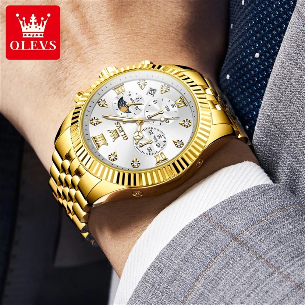 OLEVS Lunar Phase Chronograph Men Watch Stainless Steel Waterproof Quartz