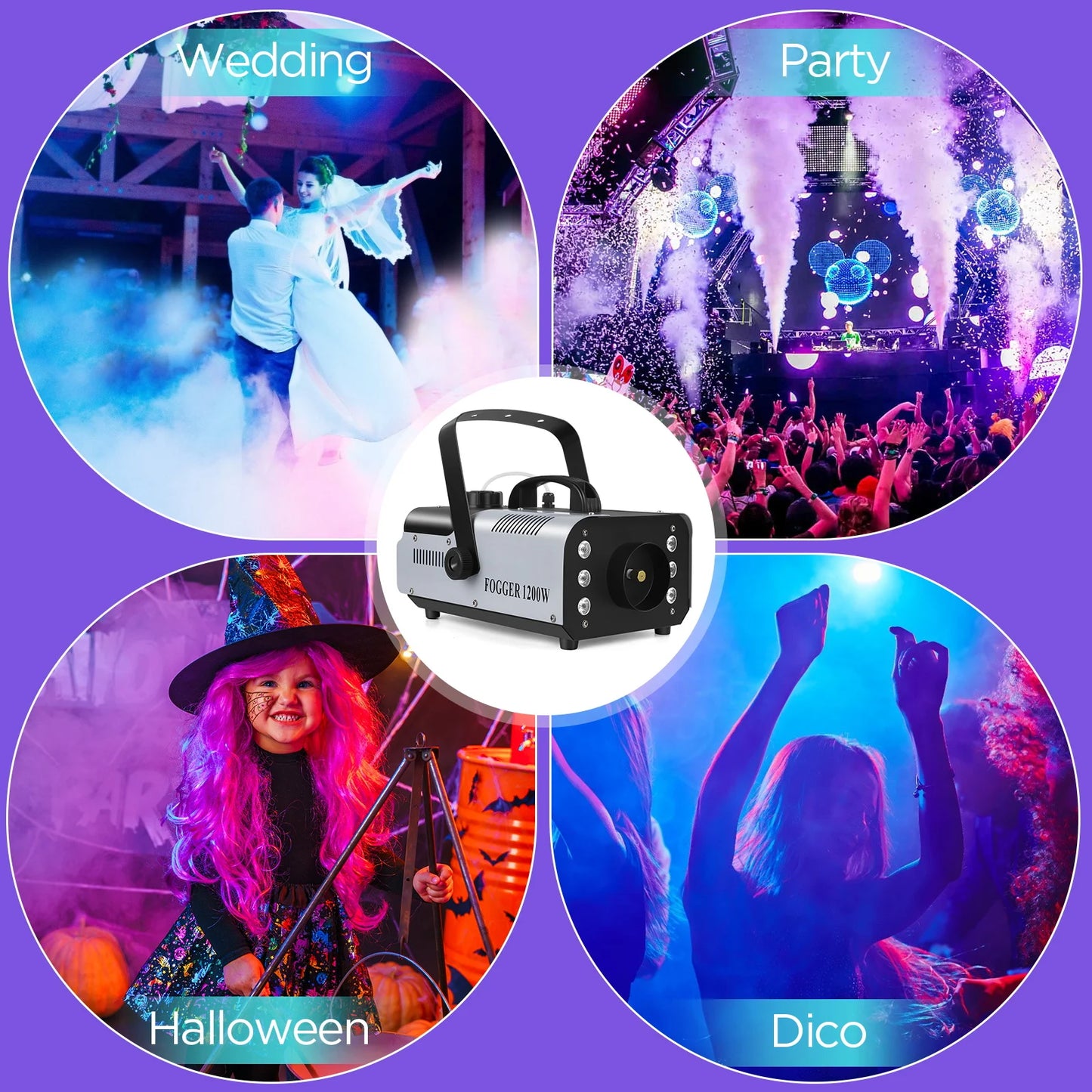 Datewink 1200W Smoke Fog Machine RGB 6LEDs Stage Lighting Effect Haze Generator Remote Control For Party DJ Disco Club Wedding