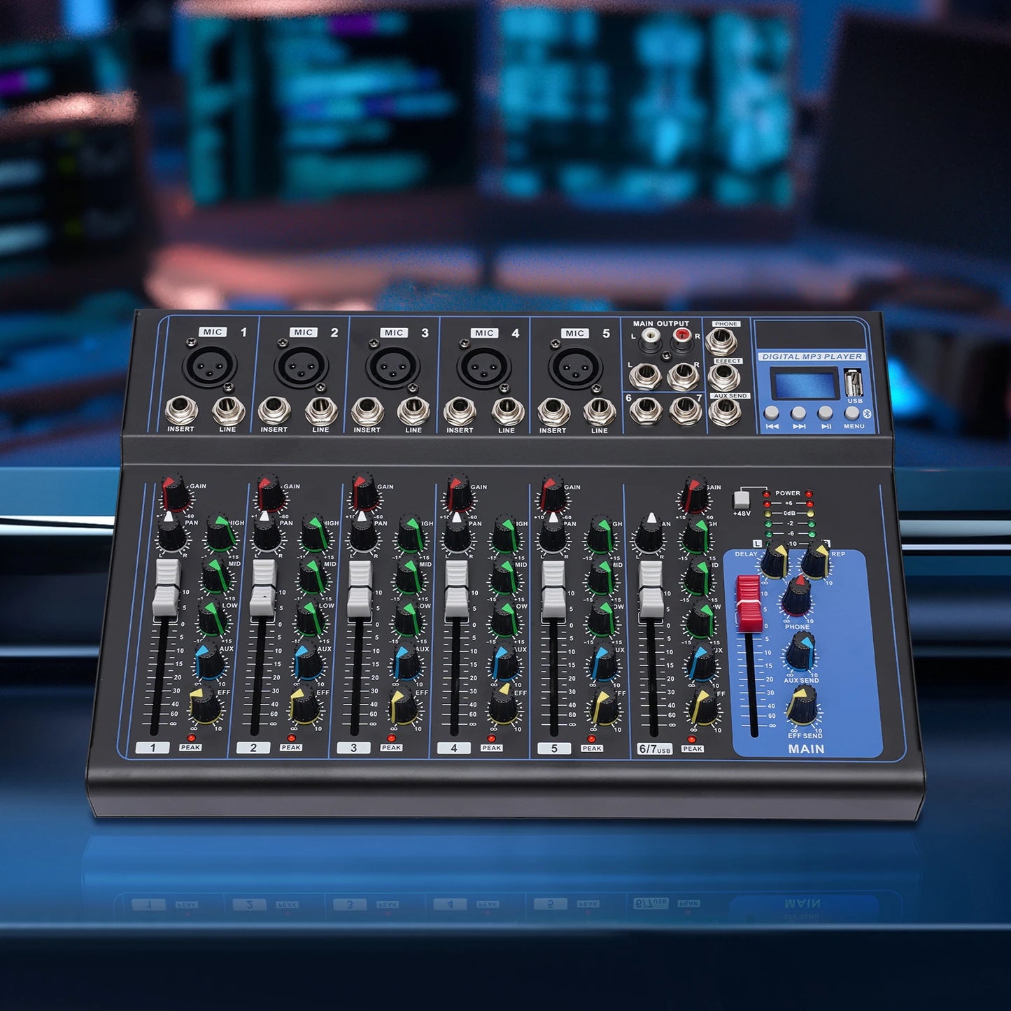 Bluetooth Portable 7-channel Audio Mixer with USB DJ Sound Mixing Console MP3 Jack 48V Power for Studio Recording