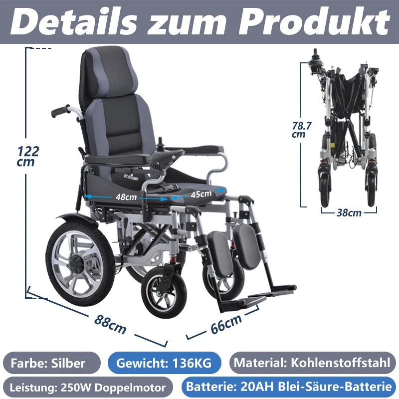 500W Electric Wheelchair 20AH Foldable, Reclining Tilt Design 150KG Weight Capacity 22KM Range Ergonomic Design