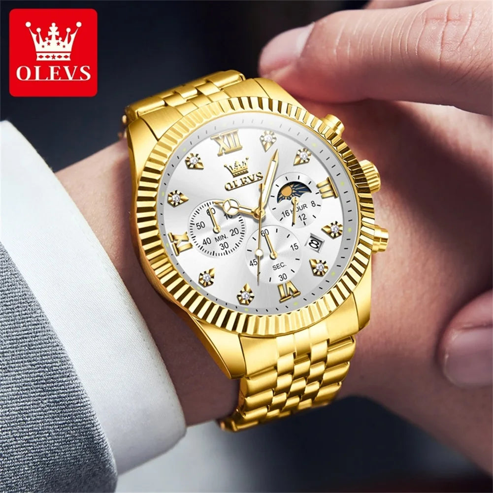 OLEVS Lunar Phase Chronograph Waterproof Mens Wristwatch Stainless Steel