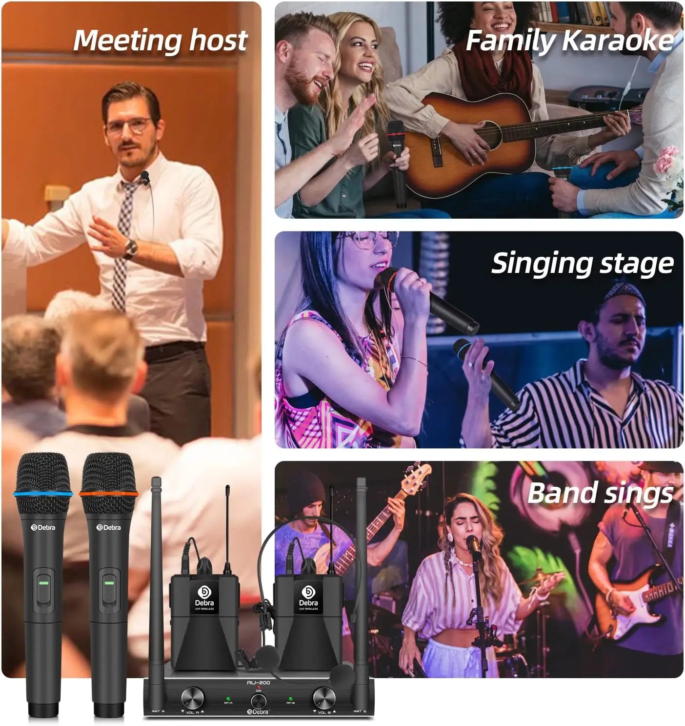 Audio AU200 Pro UHF 2-Ch Wireless Mic System, Metal Receiver, Handheld & Lavalier Mics for Karaoke Church Party