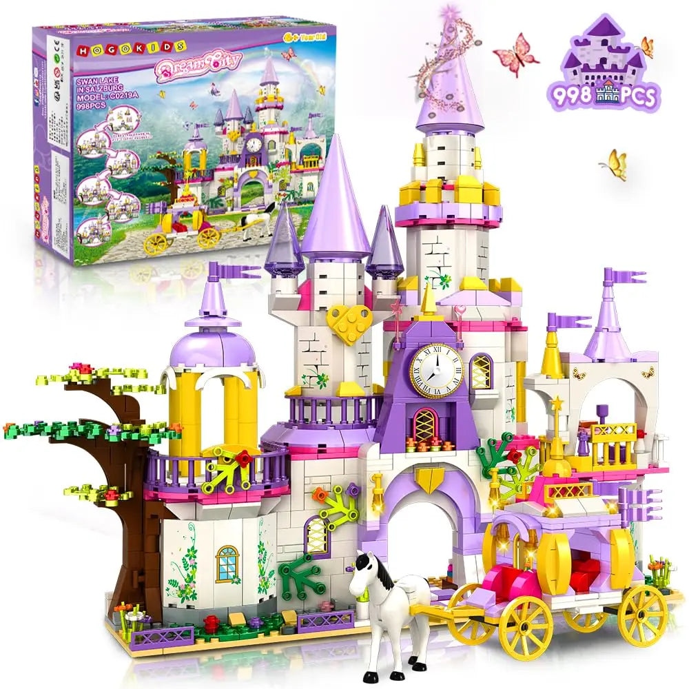 HOGOKIDS Girls Princess Castle Building Toys-5 in 1 Purple Castle & Carriage Playset  Blocks Set Kids STEM Kit Brithday for kid