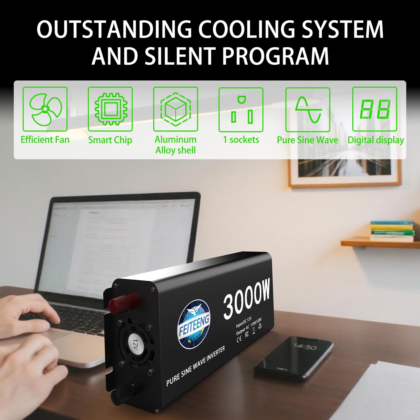 3000W Pure Sine Wave Power Inverter 12V to 110V 120V AC with Outlets USB Type-C for RV Camping Battery Backup