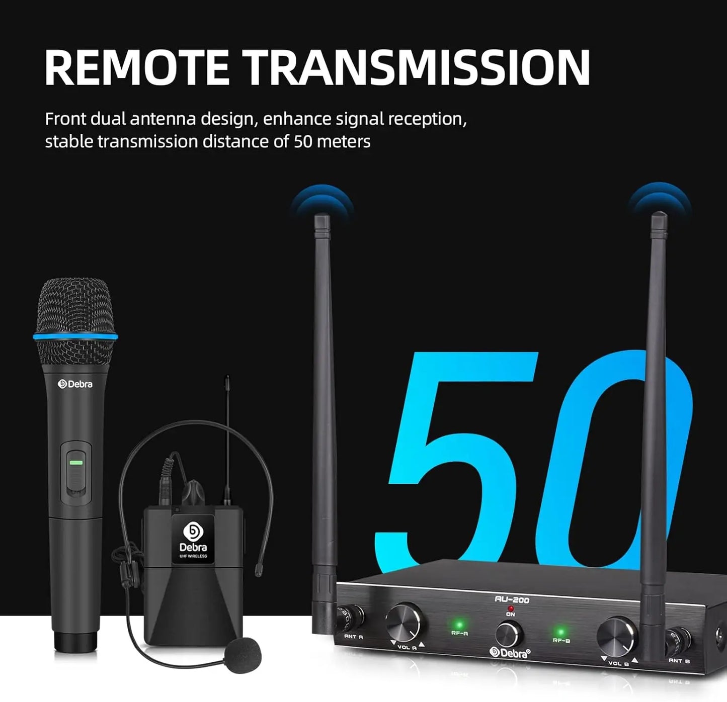 Audio AU200 Pro UHF 2-Ch Wireless Mic System, Metal Receiver, Handheld & Lavalier Mics for Karaoke Church Party