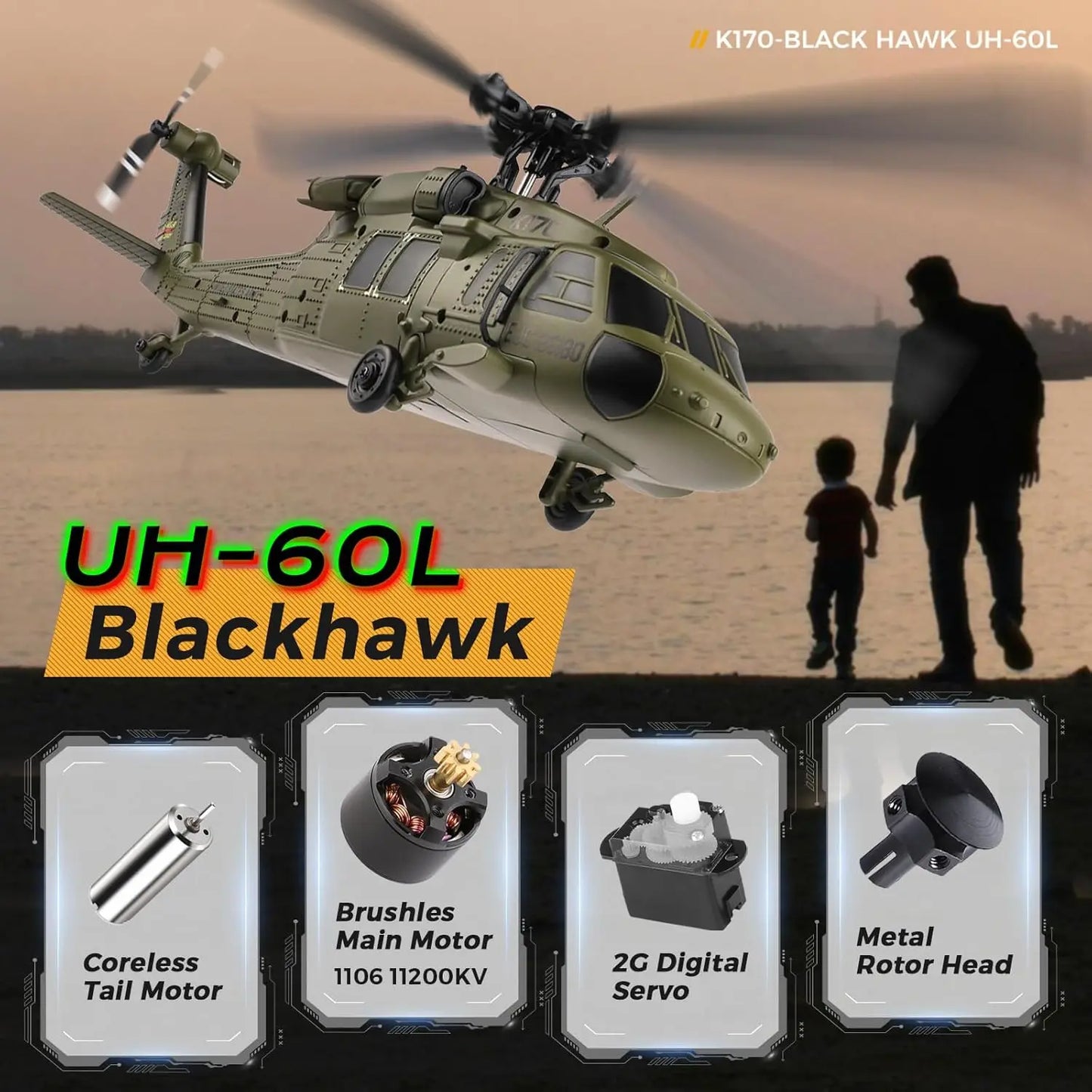 WLtoys K170 Brushless 4-CH RC Helicopter,Full-Scale UH60L Black Hawk,6-Axis Gyroscope, One Key Take-Off/Landing with 3 Batteries
