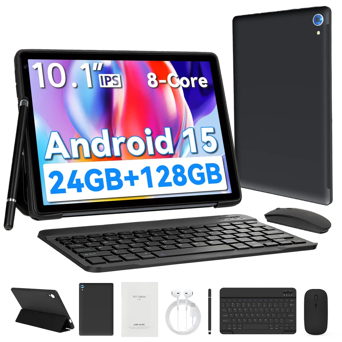 URAO 10 Inch Android 15 Tablet 8 Core Tablets 24GB+128GB 1TB Expansion WiFi6 5MP+8MP Stylus Keyboard Mouse Headphone PC PAD Set
