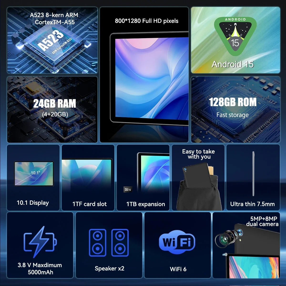 URAO 10 Inch Android 15 Tablet 8 Core Tablets 24GB+128GB 1TB Expansion WiFi6 5MP+8MP Stylus Keyboard Mouse Headphone PC PAD Set