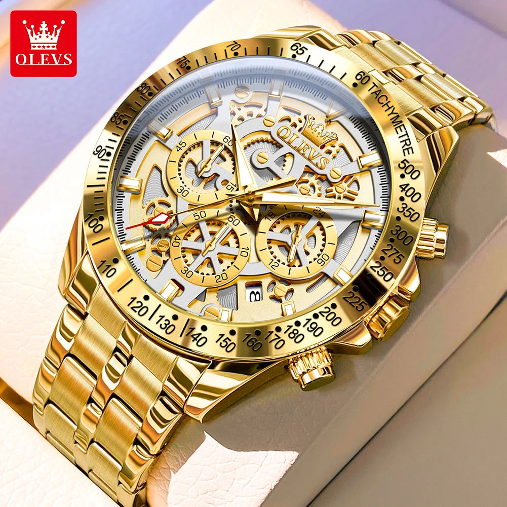 OLEVS Lxuxry Brand Gold Men's Watches Full Skeleton Stainless steel Chronograph Wristwatch Waterproof Luminous Quartz Watch Men
