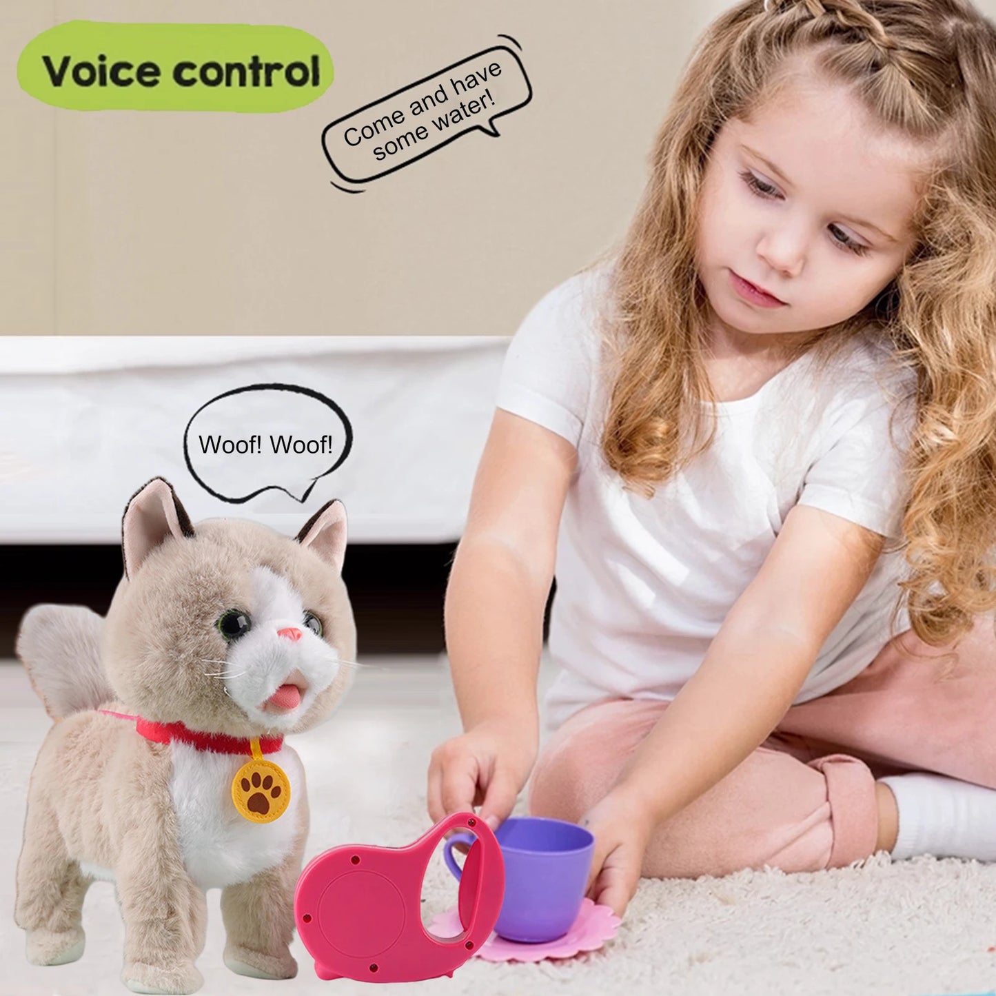 Leash Electric Walking Dog Toy Lifelike Interactive Plush Animal Toy- Licking Motion,Voice Mimicking,Remote Control for Age 4 Up