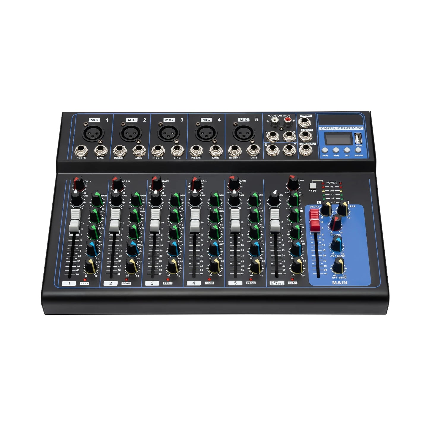 Bluetooth Portable 7-channel Audio Mixer with USB DJ Sound Mixing Console MP3 Jack 48V Power for Studio Recording