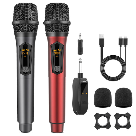 Aveek Wireless Microphone for Speaker and Karaoke Machine, 2.4GHz Rechargeable Karaoke Microphone(Work 10hs),for Parties,2 Packs