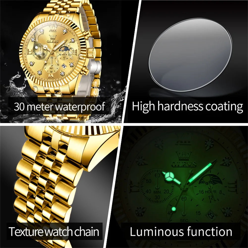 OLEVS Lunar Phase Chronograph Waterproof Mens Wristwatch Stainless Steel