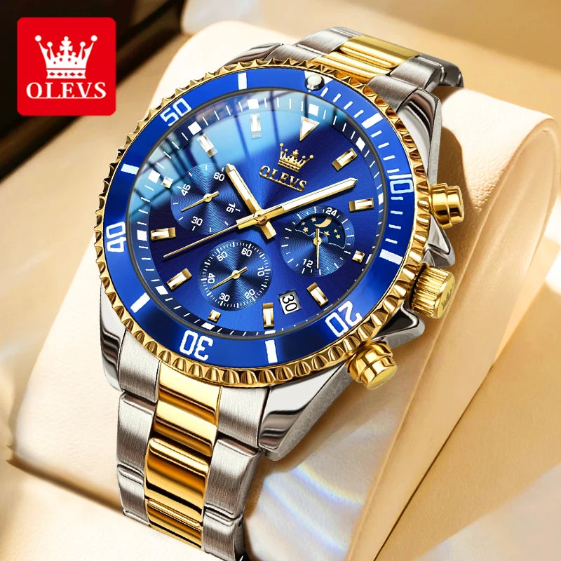 OLEVS Moon Phase Men's Wristwatch Stainless Steel Waterproof Quartz Chronograph