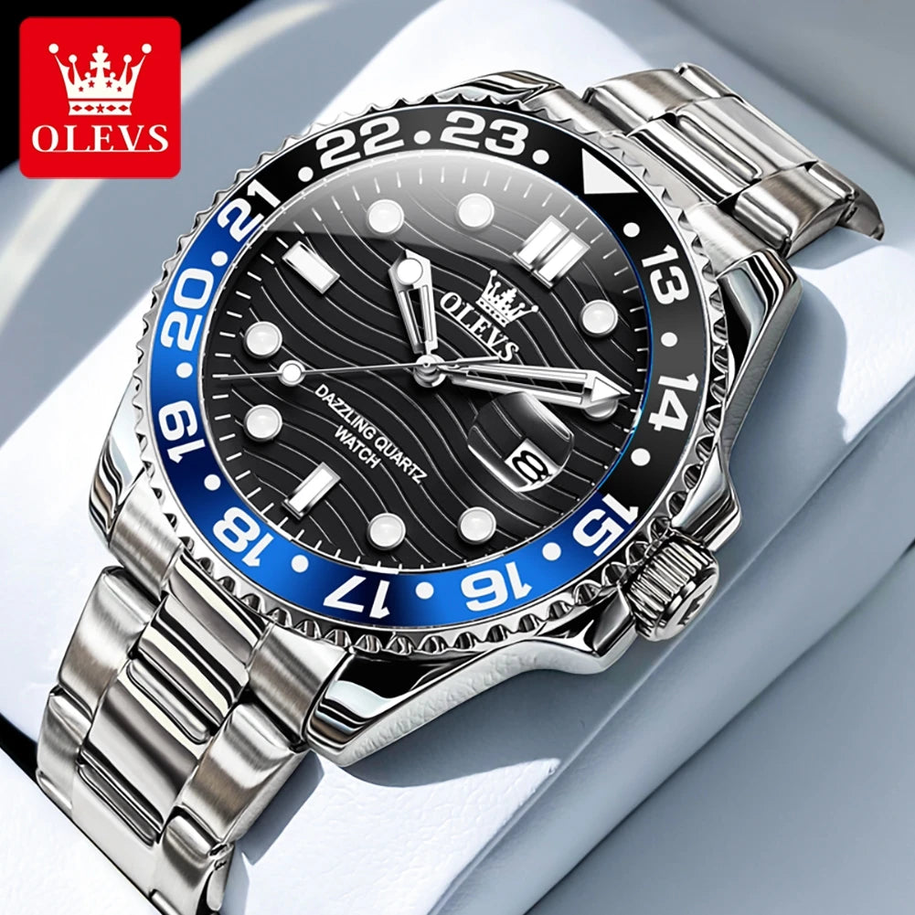 OLEVS 3610 Men Watch Fashion Original Diving Series Waterproof Date Rotating Dial Stainless Steel Luxury Brand Men Quartz Watch